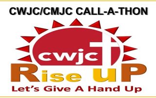 Rise Up Call-A-Thon logo with rising sun and cross. It says Let's give a hand up.